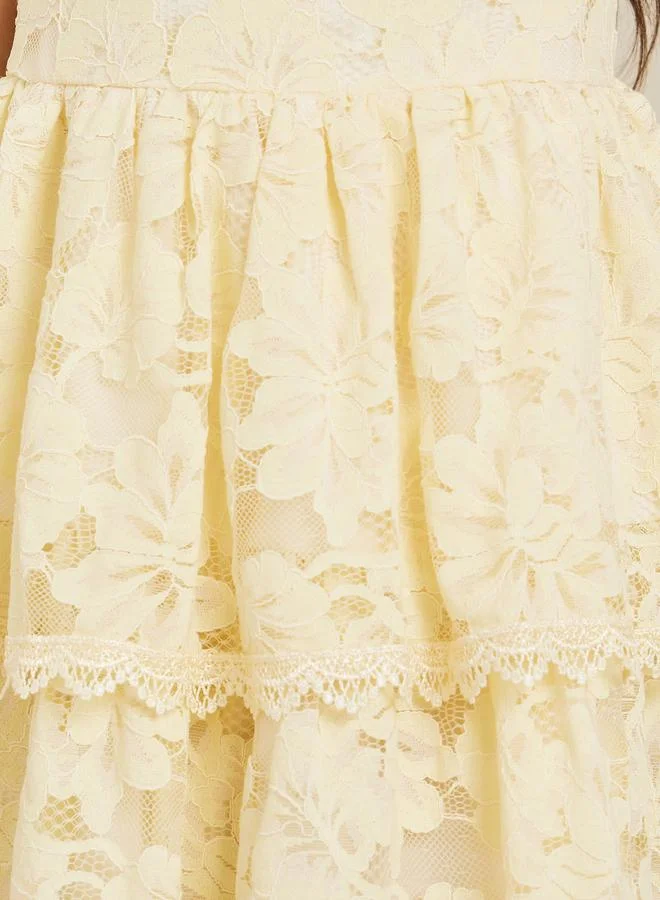 Styli Girls Yellow Strappy Lace Tiered Dress